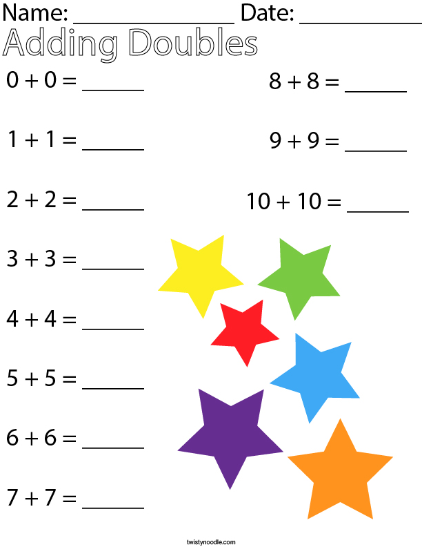 Adding Doubles to 10 Math Worksheet Twisty Noodle Adding Doubles to 10 Math Worksheet Twisty Noodle