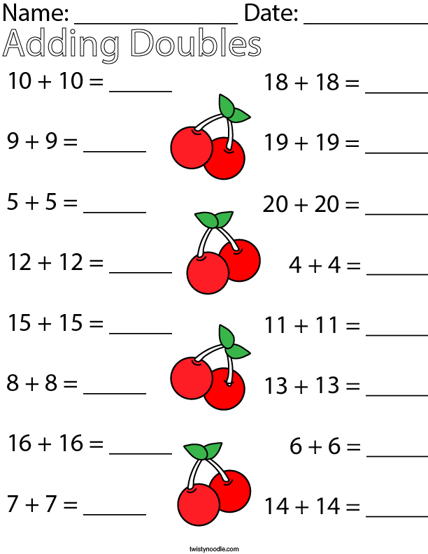 Adding Doubles to 20 Math Worksheet