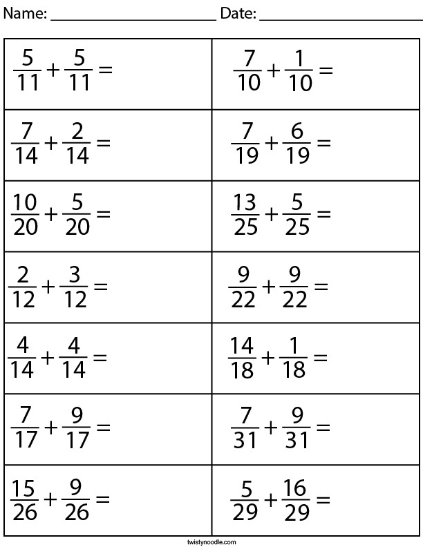 Adding Fractions with Common Denominator Math Worksheet