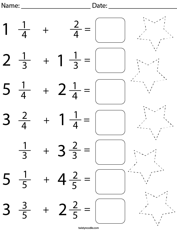 Math worksheets fractions mixed numbers