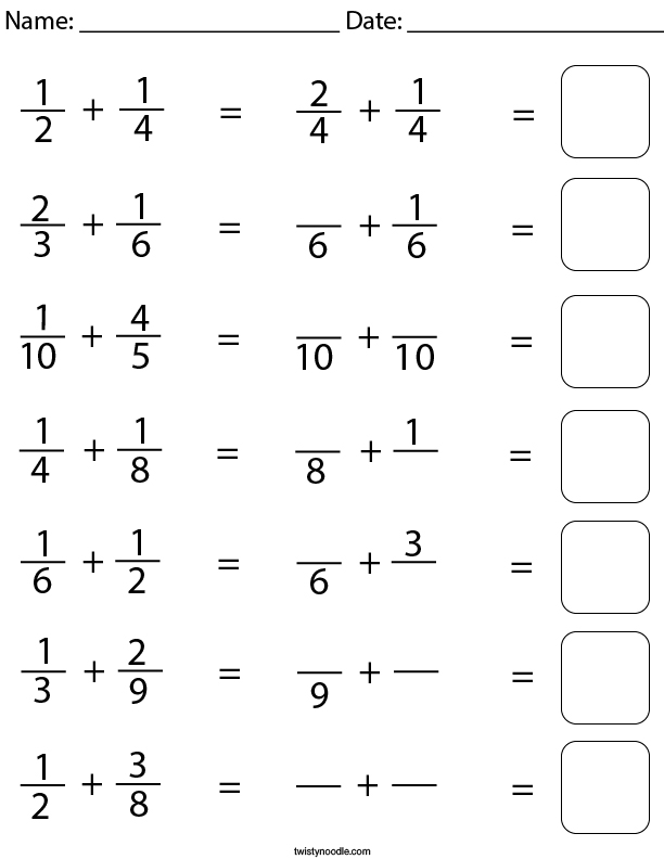 Adding Unlike Fractions Math Worksheet