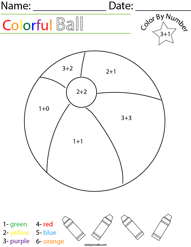 addition color by number ball math worksheet twisty noodle