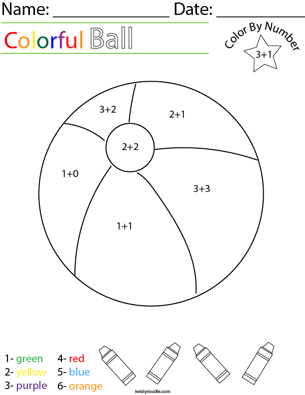 Addition- Color by Number Ball Math Worksheet