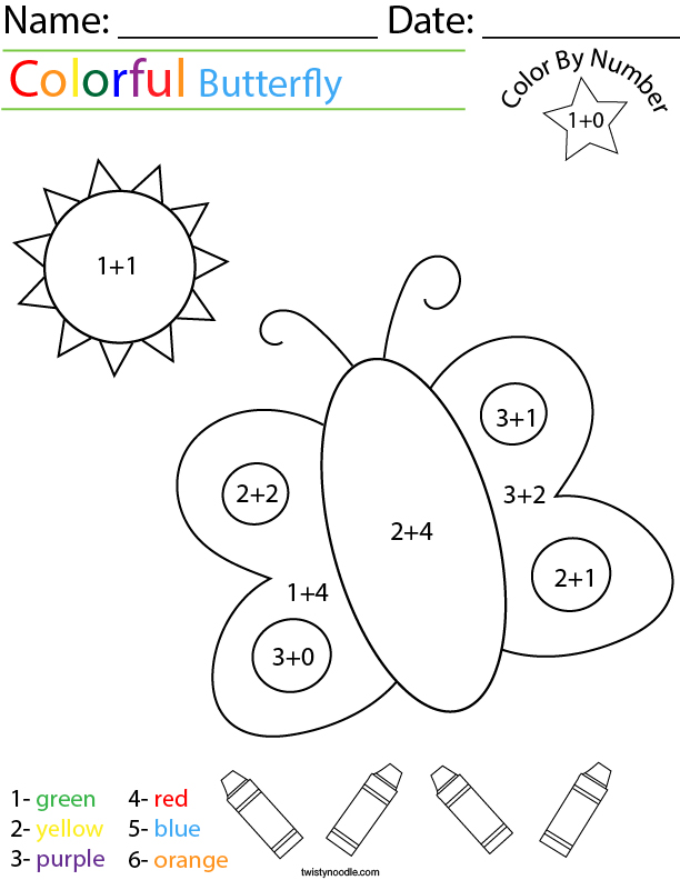 Addition- Color by Number Butterfly Math Worksheet - Twisty Noodle