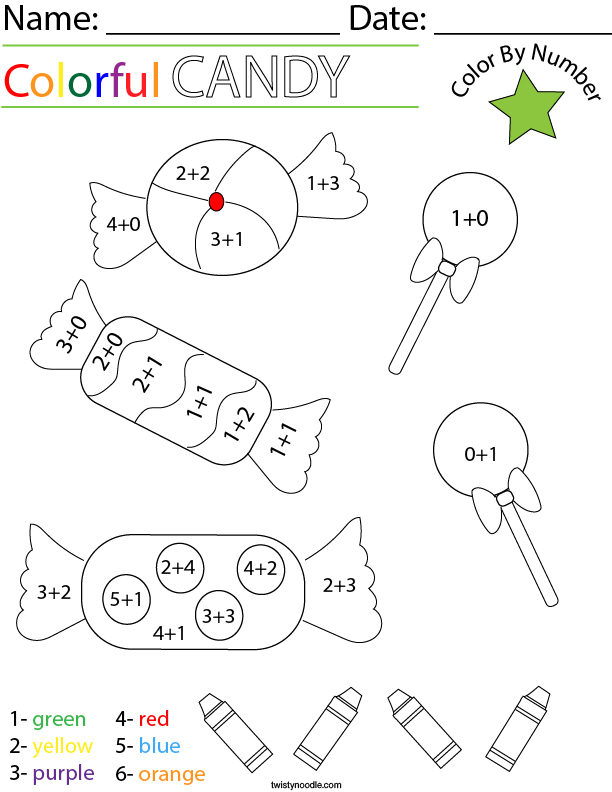 addition color by number candy math worksheet twisty noodle