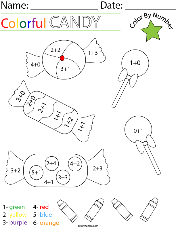 Addition- Color by Number Candy Math Worksheet