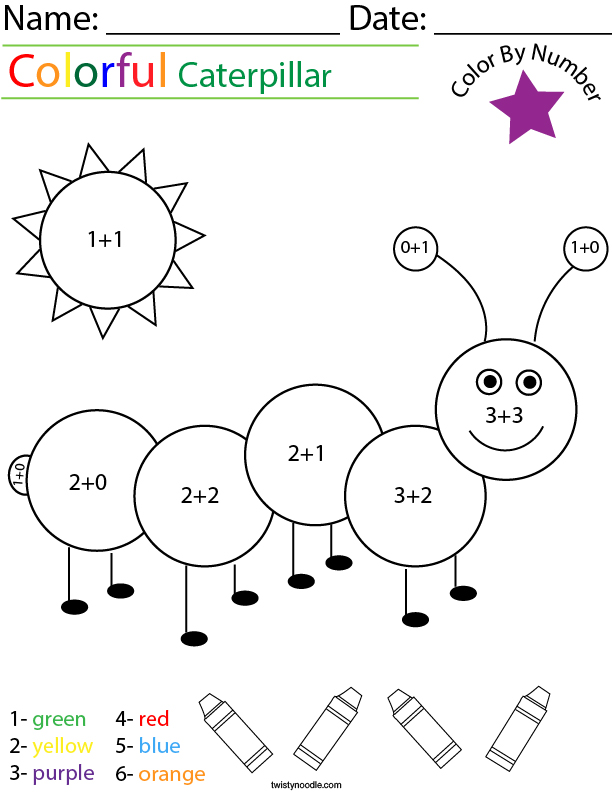 addition color by number caterpillar math worksheet twisty noodle