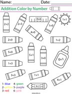 Addition- Color by Number Crayons Math Worksheet