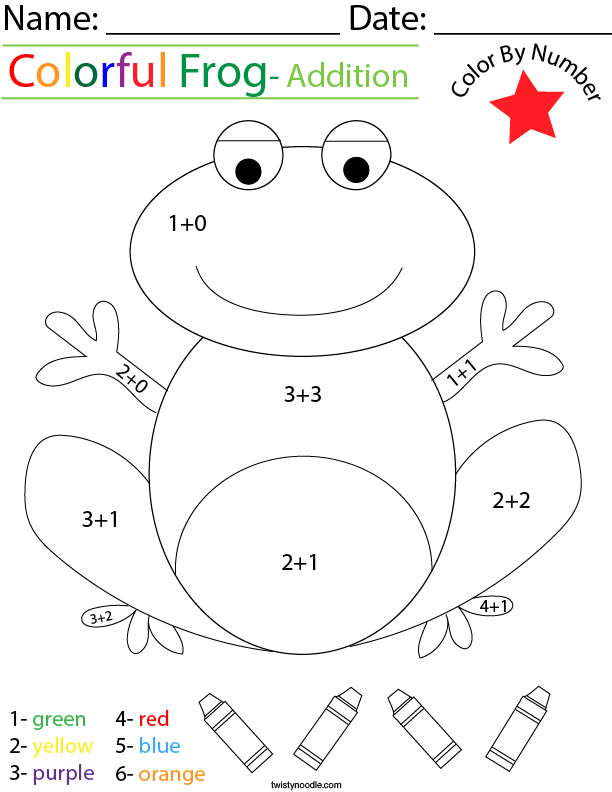 Addition- Color by Number Frog Math Worksheet