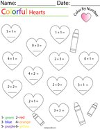 Addition- Color by Number Hearts Math Worksheet