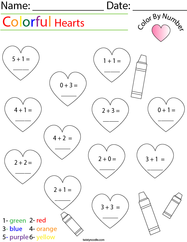 Addition- Color by Number Hearts Math Worksheet