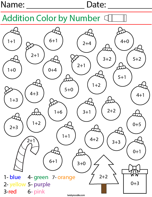 Addition- Color by Number Ornaments Math Worksheet