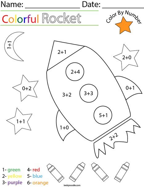 Addition- Color by Number Rocket Math Worksheet - Twisty Noodle