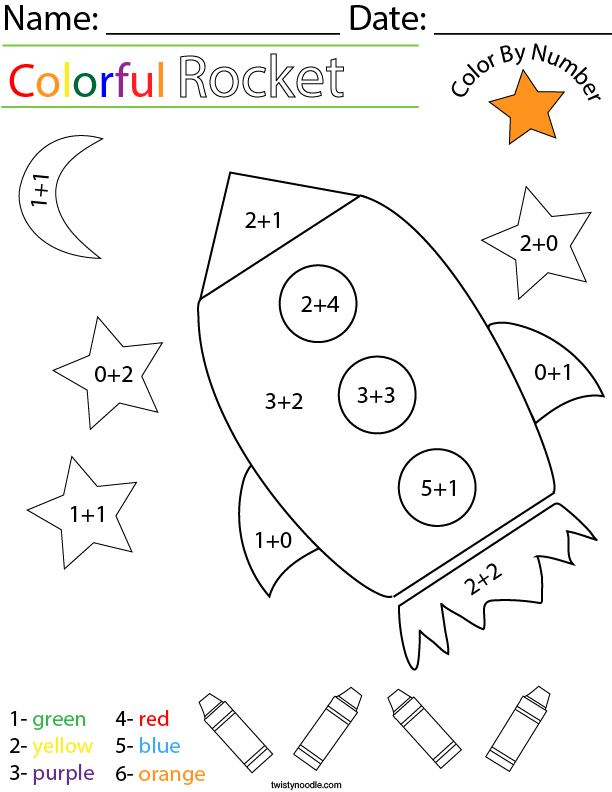 addition color by number rocket math worksheet twisty noodle