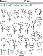 Addition- Color by Number Tulips Math Worksheet