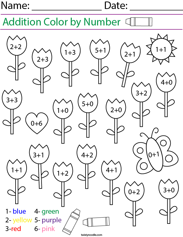 Addition- Color by Number Tulips Math Worksheet