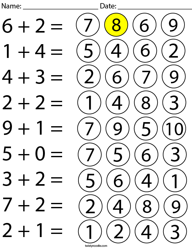 Addition Color the Answer Math Worksheet Twisty Noodle Addition Color the Answer Math Worksheet Twisty Noodle