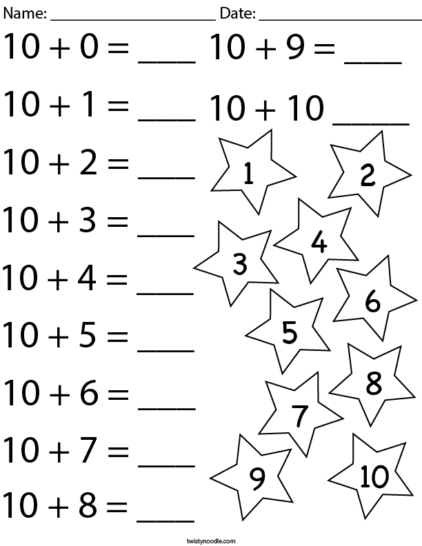 Math worksheets adding 10 to a number