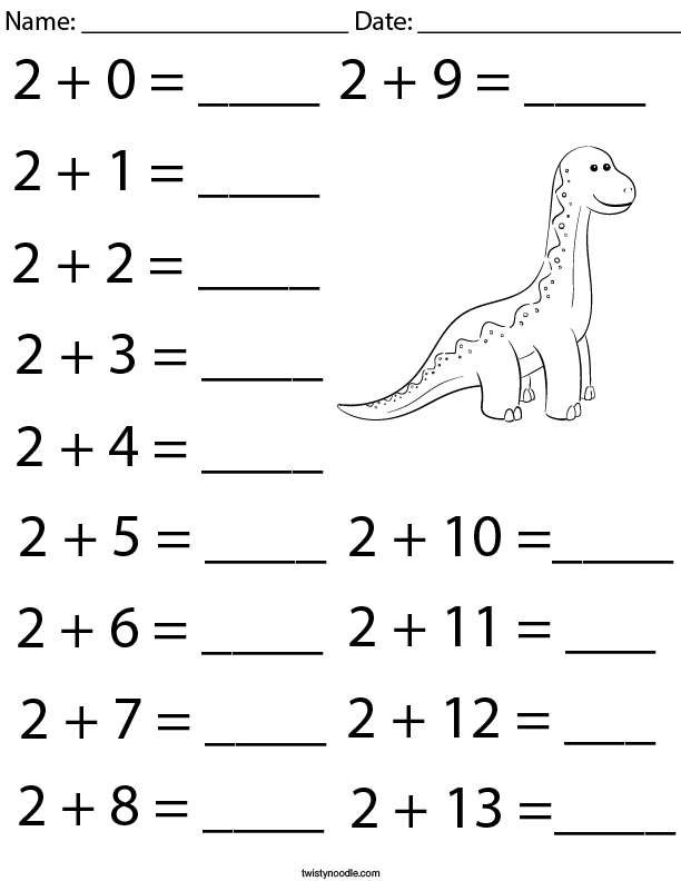 addition facts number 2 math worksheet twisty noodle