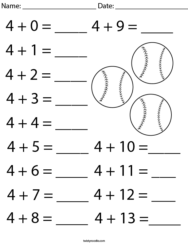 addition facts number 4 math worksheet twisty noodle