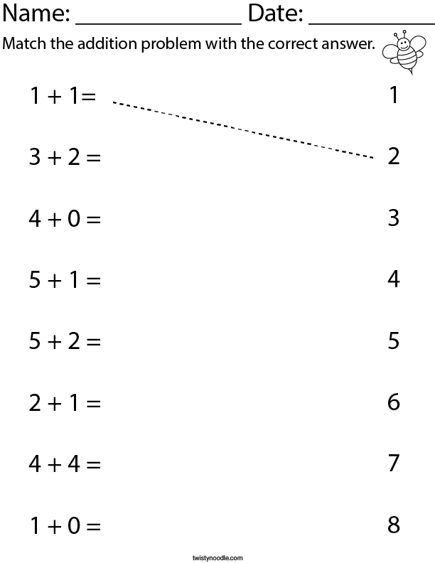 Addition Matching Math Worksheet