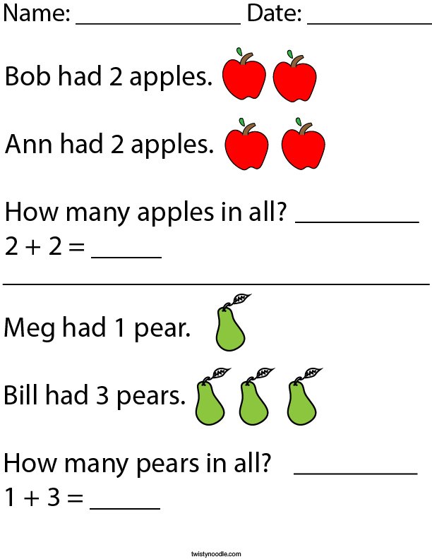 Addition Word Problems- Kindergarten Math Worksheet