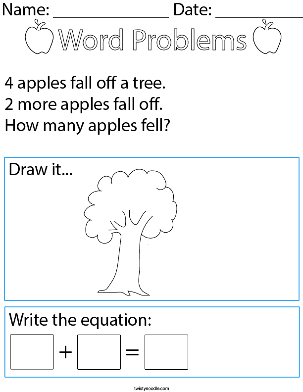 apple addition word problem kindergarten math worksheet twisty noodle