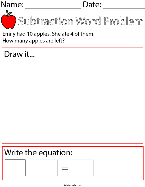 Apple Subtraction Word Problem Math Worksheet