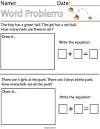 At the Park Addition Word Problem Math Worksheet