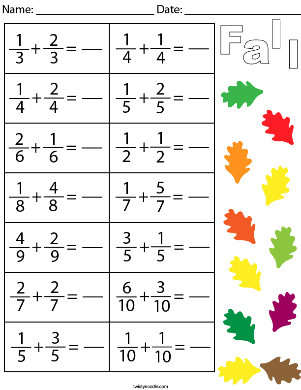 Autumn Adding Like Fractions Math Worksheet