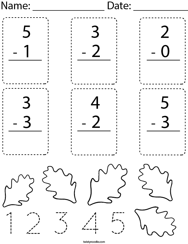 Autumn Subtract within 5 Math Worksheet