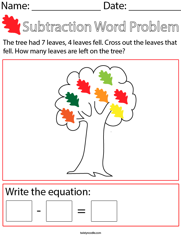 Autumn Subtraction Word Problem Math Worksheet