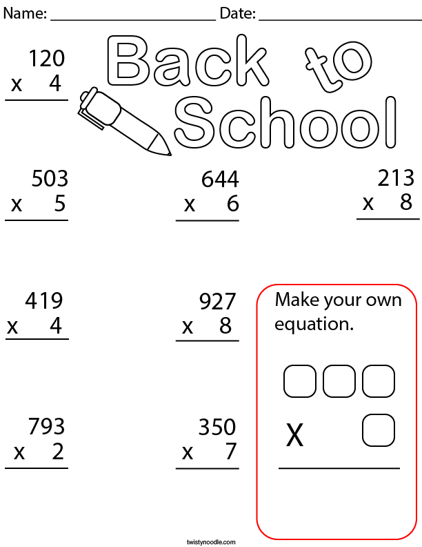 Back to School Multiplication- 3 digit Math Worksheet