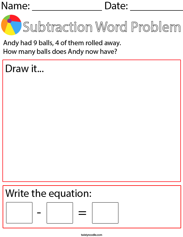 Ball Subtraction Word Problem Math Worksheet
