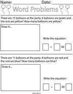 Balloon Subtraction Word Problem Math Worksheet