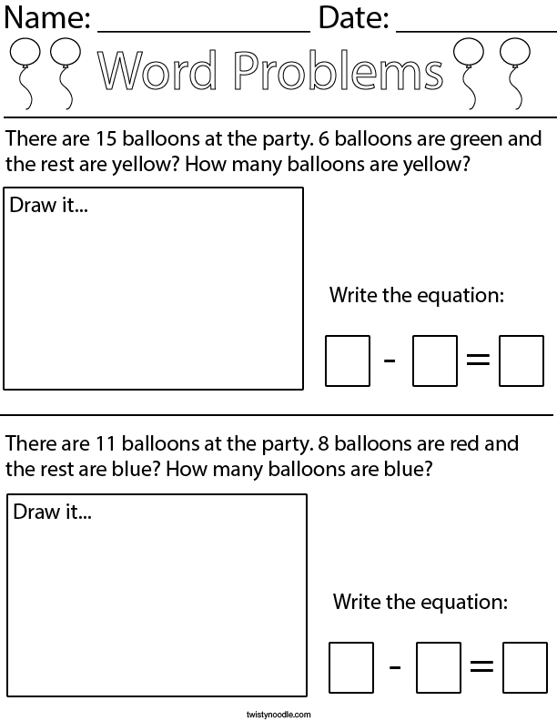 Balloon Subtraction Word Problem Math Worksheet