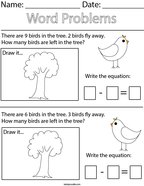 Bird Subtraction Word Problems Math Worksheet