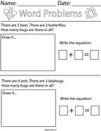 Bug Addition Word Problems- Kindergarten Math Worksheet