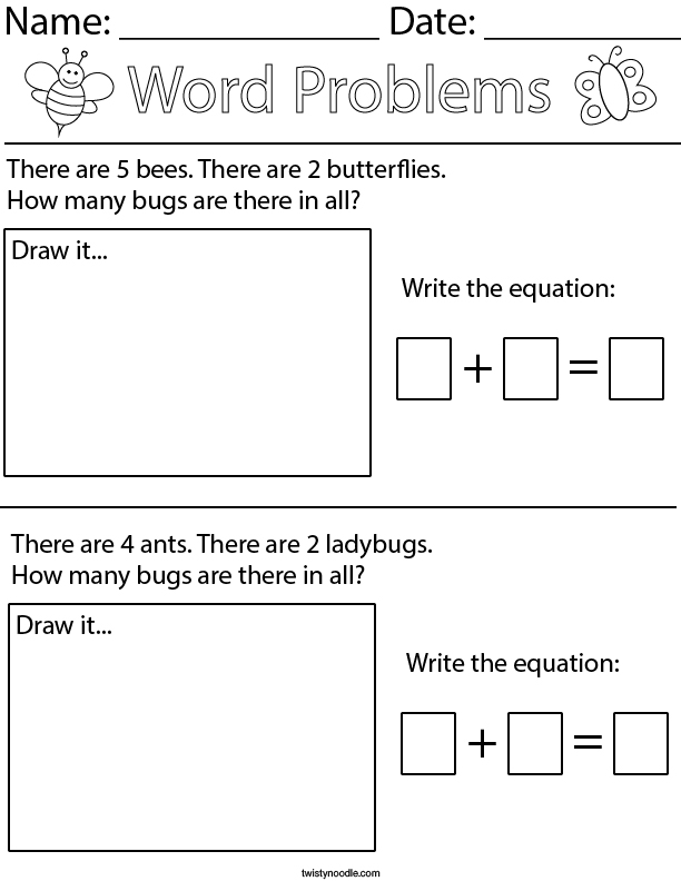 Bug Addition Word Problems- Kindergarten Math Worksheet
