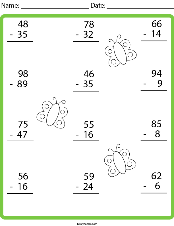 Butterfly Subtraction Math Worksheet