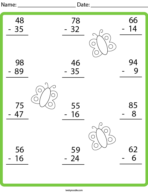 butterfly subtraction math worksheet twisty noodle