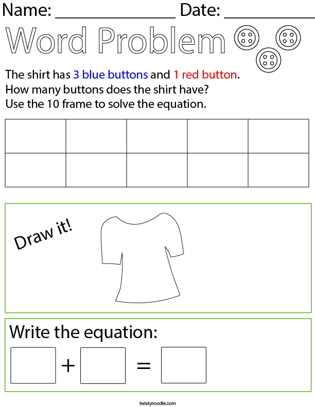 Button Addition Word Problem Math Worksheet