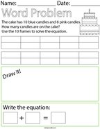 Cake Addition Word Problem with 10 Frames Math Worksheet