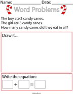 Candy Cane Addition Word Problem- Kindergarten Math Worksheet