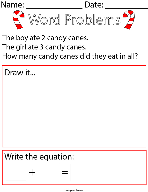 Candy Cane Addition Word Problem- Kindergarten Math Worksheet