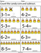 Candy Corn Count and Subtract Math Worksheet