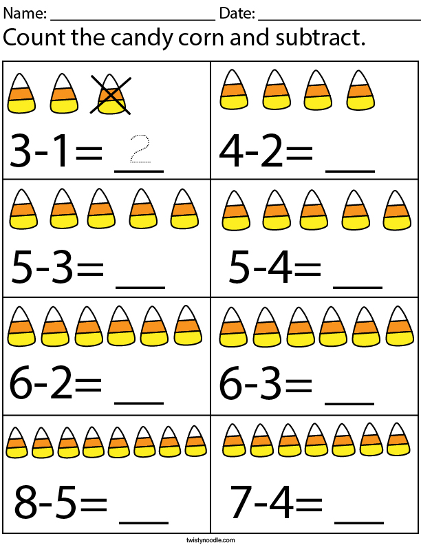 Candy Corn Count and Subtract Math Worksheet