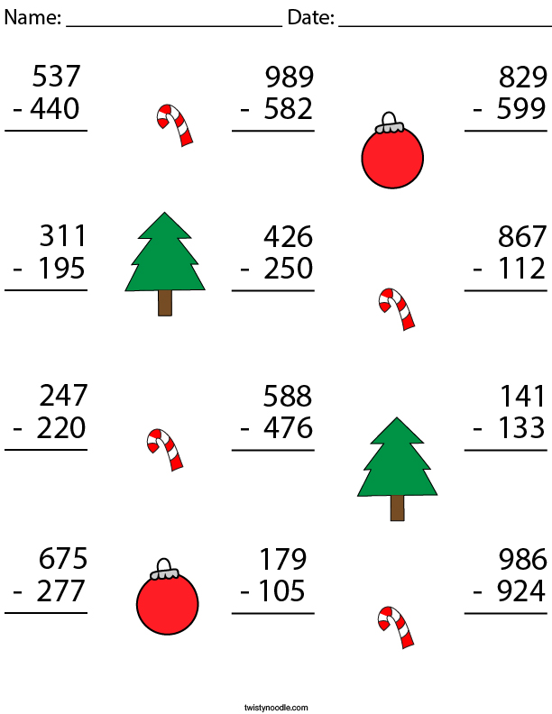 Christmas 3 Digit Subtraction Math Worksheet