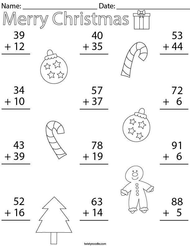 Christmas Double Digit Addition Math Worksheet