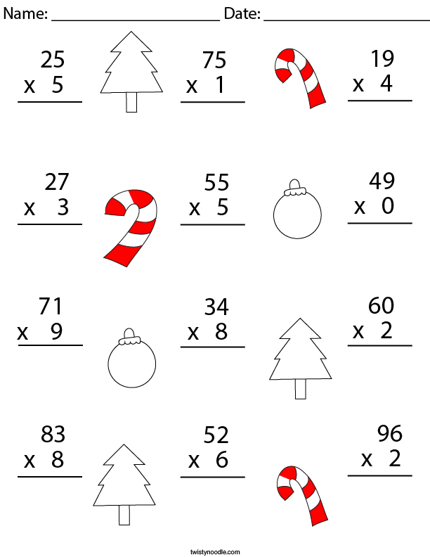 christmas multiplication practice 2 digit by 1 digit math worksheet
